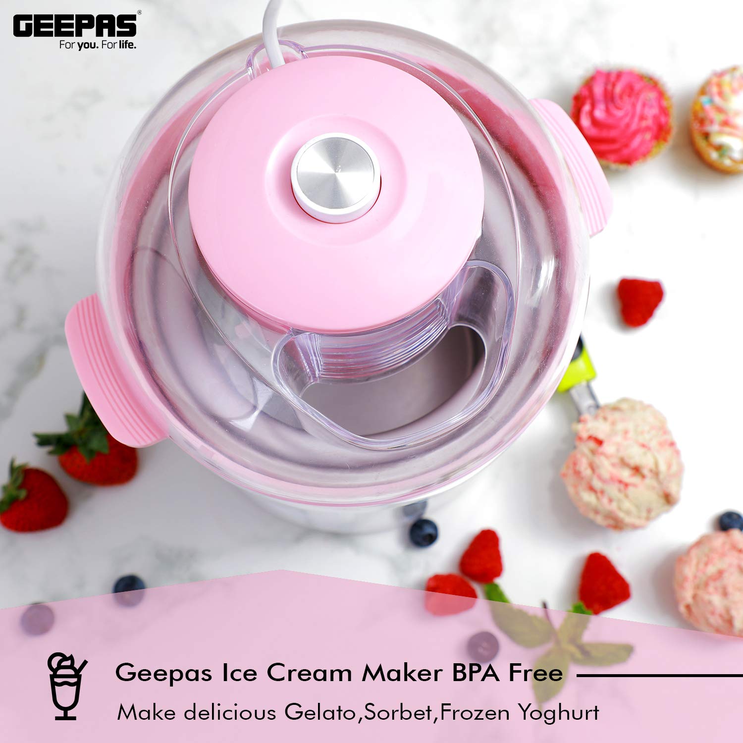 Geepas Ice Cream Maker Machine Makes Delicious Homemade Soft Ice Cream, Gelato, Frozen Yoghurt & Sorbet |1.7L Aluminum Removable Inner Bowl | Detachable Mixing Paddle | 1 Year Warranty Geepas Ice Cream Maker Machine Makes Delicious Homemade Soft Ice Cream, Gelato, Frozen Yoghurt & Sorbet |1.7L Aluminum Removable Inner Bowl | Detachable Mixing Paddle | 1 Year Warranty